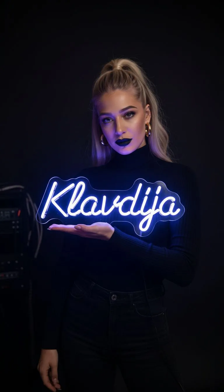 Klavdija ob neonskem napisu Raven Tattoo — portret v studiu, Maribor