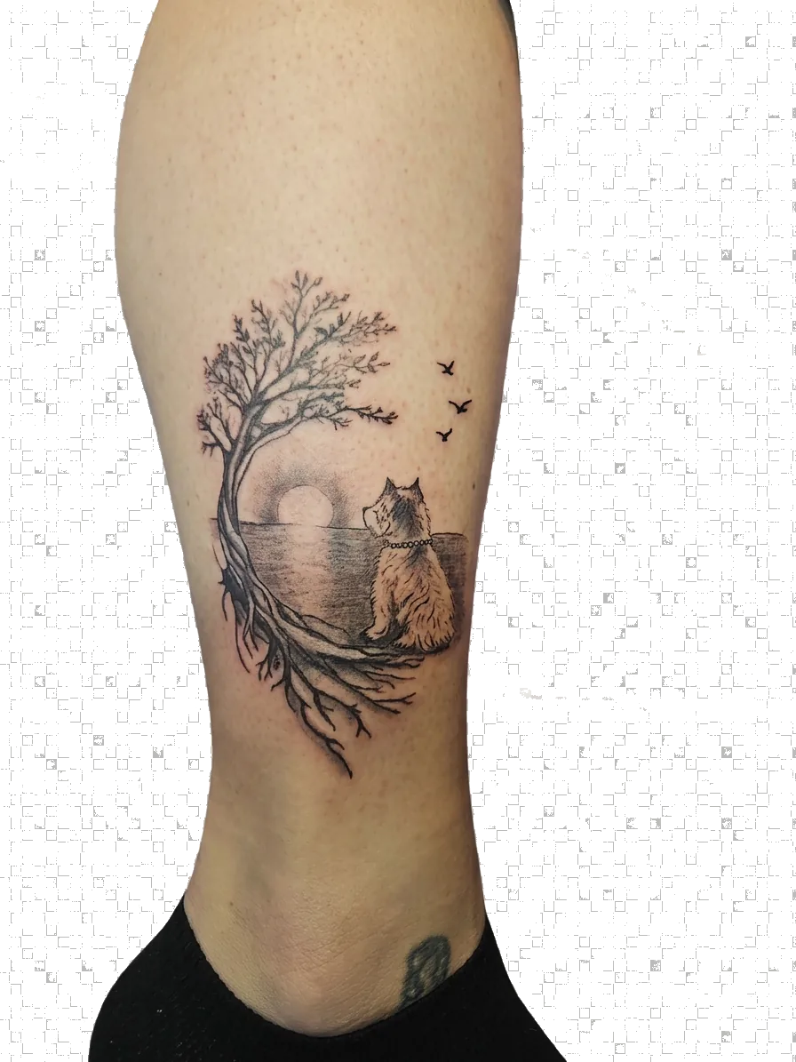 Ilustrativni fine line tattoo drevesa z mucko, morjem in pticami v ozadju — pripovedna scena na meči, Klavdija Raven Studio